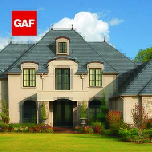 GAF Logo with house with truslate shingles