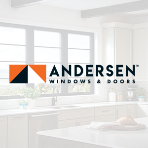 Andersen Windows & Doors logo on top of image of kitchen windows